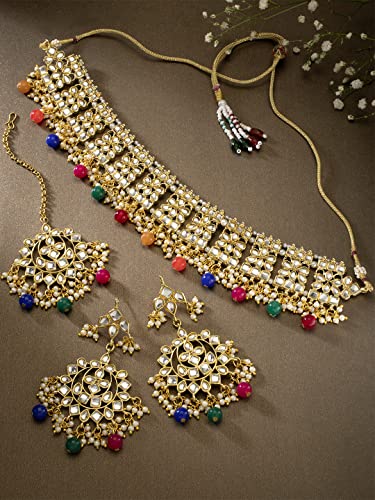 Aheli Elegant Indian Faux Kundan Studded Choker Necklace with Maang Tikka Set Ethnic Wedding Wear Bharatanatyam jewellery set Gift for Women - color: Multicolor
