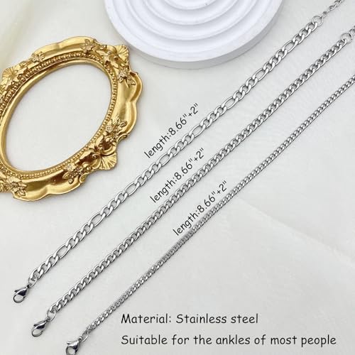 Silver Ankle Bracelets for Women Waterproof Stainless Steel Anklet Adjustable Layered Cuban Silver Anklets Set Summer Beach Foot Jewelry Gift - color: Cuban chain