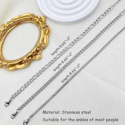Silver Ankle Bracelets for Women Waterproof Stainless Steel Anklet Adjustable Layered Cuban Silver Anklets Set Summer Beach Foot Jewelry Gift - color: Cuban chain
