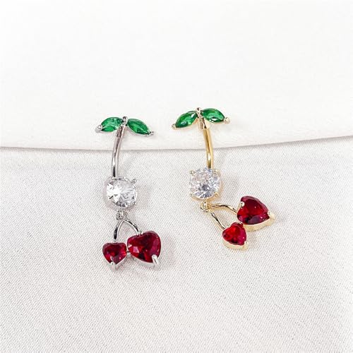 Cute 316L Surgical Steel CZ Cherry Dangle Belly Button Ring 14G Crystal Cherry Belly Navel Rings Navel Curved Barbell Dangling Body Piercing Jewelry 3/8 Inch - color: Silver