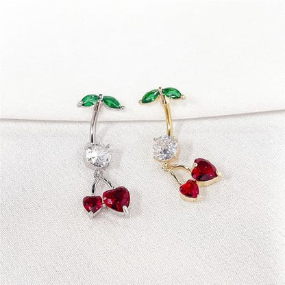 Cute 316L Surgical Steel CZ Cherry Dangle Belly Button Ring 14G Crystal Cherry Belly Navel Rings Navel Curved Barbell Dangling Body Piercing Jewelry 3/8 Inch - color: Gold