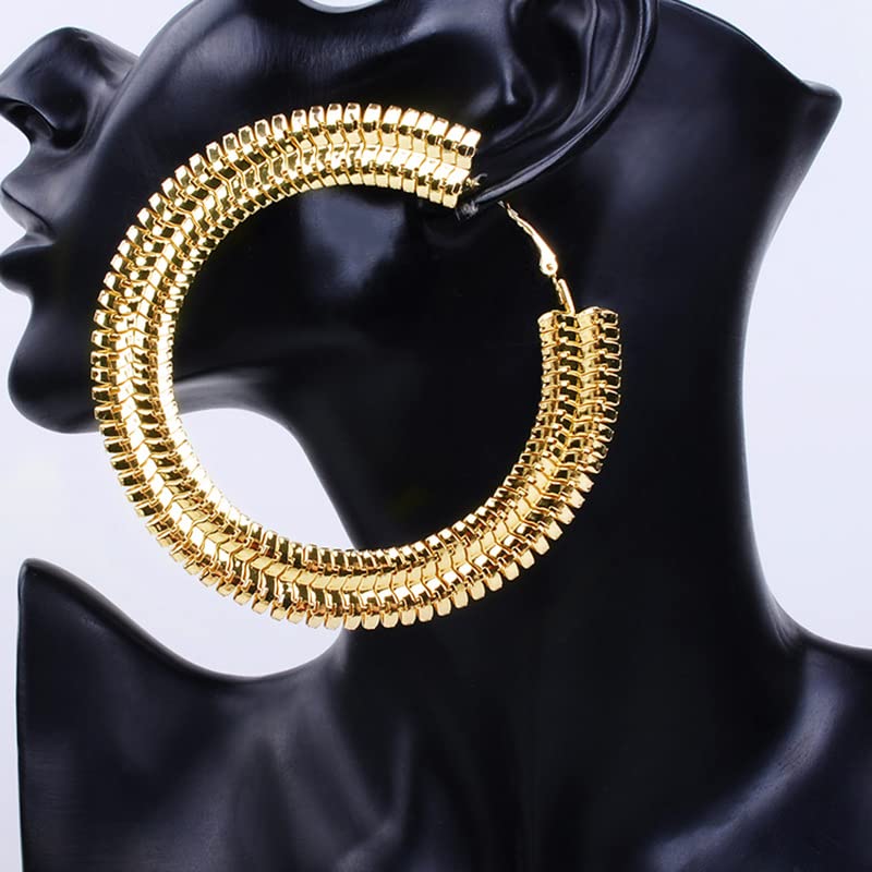 Extra Large Chunky Cuban Hoop Earrings Geometric Double Layered Round Loop Boho Earrings for Women (80mm gold) - size: 80mm gold