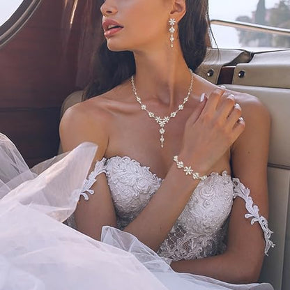 EVER FAITH Crystal Flower Wedding Prom Jewelry Set for Bride Bridesmaid | Rhinestone Costume Party Y-Shaped Necklace Dangle Earrings Bracelet, for Women - color: Clear Silver-Tone