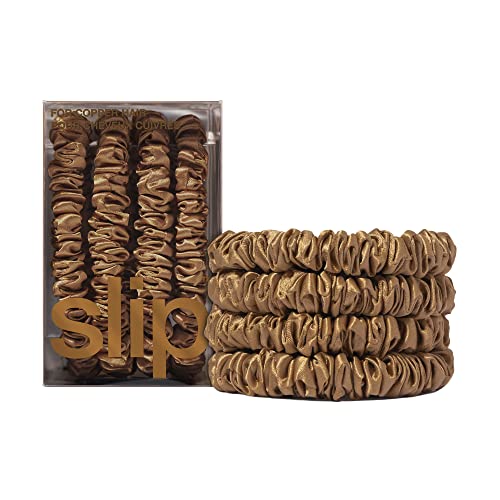 Slip Silk Hair Ties — Skinny Silk Copper Scrunchies, No Damage, No Crease, Anti-Breakage |100% Mulberry Silk | All Hair Types | Made with Proprietary Slipsilk™ | Set of 4 - color: Copper