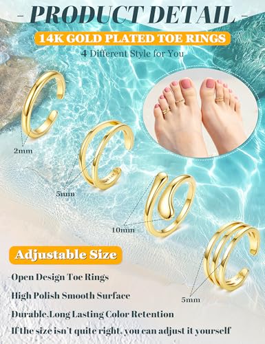 14K Gold Plated Toe Rings for Women Non Tarnish Adjustable Silver Gold Toe Ring Cubic Zirconia Daisy Flower Dainty Toe Rings Set Open Simple Band Ring Summer Beach Foot Jewelry - color: A-Gold