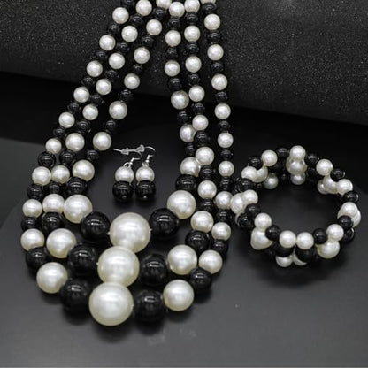JNF Faux Pearl Statement Necklaces Big Beaded Necklace for Women Chunky Pearls Necklace and Earring Set Large beads Costume Necklace - color: Black white pearl necklace