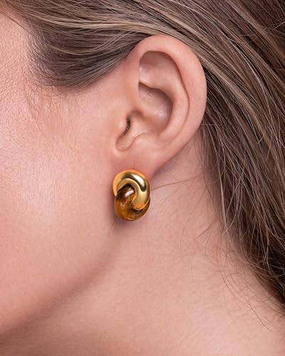 Small Twist Interlock Chunky 18K gold plated Gemstone Natural Stone (Brown, Green, Pink, White) Statement Earrings for Women by SNGIA, Dainty Love Knot Tiger Eye Amber Jade Tourmaline Bold Handmade Exaggerated Dome Retro Rounded Button Half Ball Trendy Bo
