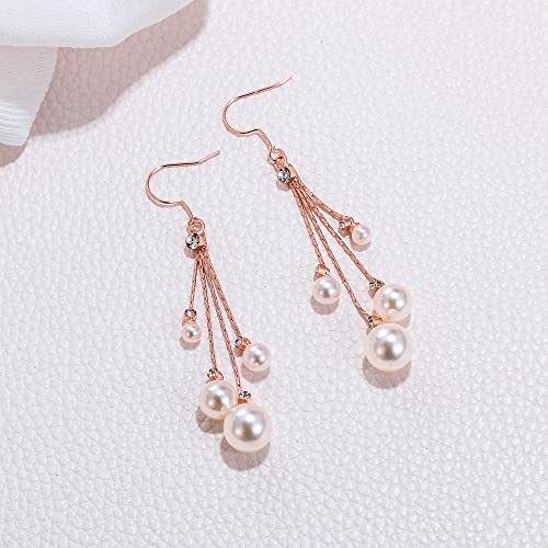 EleQueen Women's Silver-tone Crystal Simulated Pearl 4 Chain Bridal Long Dangle Hook Earrings Ivory Color - color: A-Rose Gold-Tone