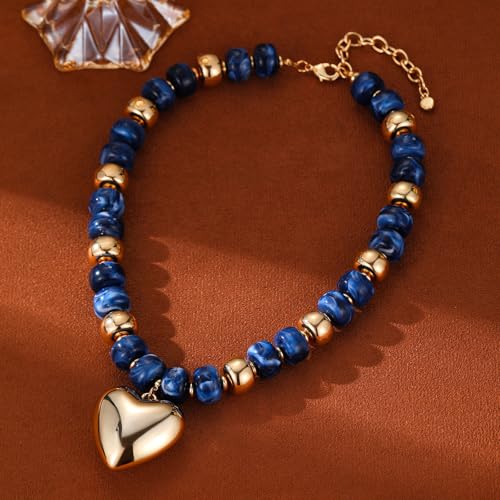 Resin Chunky Colorful Beaded Necklace | Adjustable Boho Statement Necklace,Summer Beach Party Jewelry - color: Heart+Blue