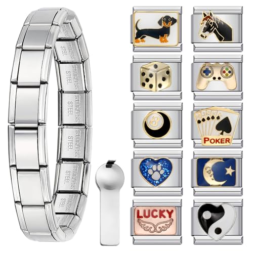 Italian Charm Bracelet with 10 or 20 Charms, Stainless Steel Adjustable DIY Charm Bracelet for Women & Men, Includes Opener Tool – Gold or Silver Options - color: Silver-10PCS