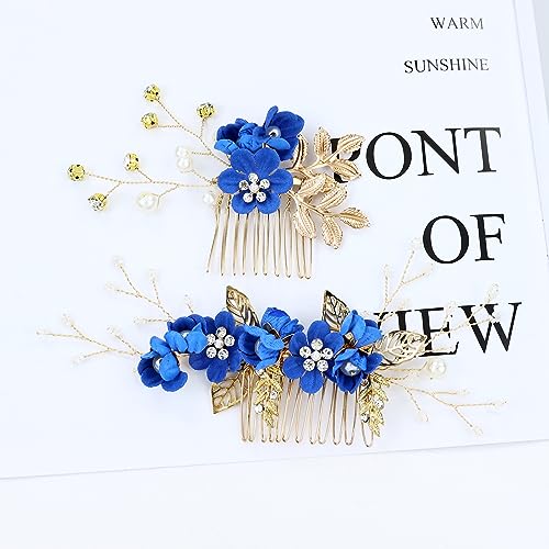 Cinaci 18 Pieces Bridal Wedding Party Prom Pearl Rhinestone Royal Blue Flower Hair Side Combs Slides+U-shaped Flower Hair Pins+Twist Spiral Hairpins Floral Headpieces for Brides Bridesmaids Women Girs - color: Royal Blue