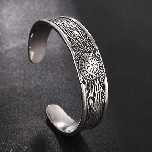 Vegvisir Cuff Bracelet for Men, Stainless Steel Viking Bangle, Norse Style Adjustable Bracelet