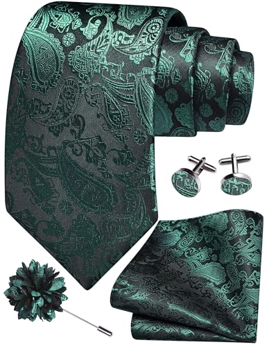 GUSLESON 3.15"（8cm） Mens Paisley Tie and Lapel Pin Necktie Hankerchief Cufflinks Set for Men - color: Dark Green-2