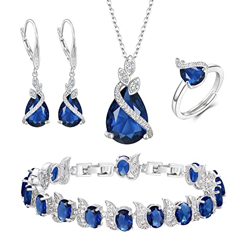 Jewelry Set for Bride, Sparkling Water Drop Cubic Zirconia Crystal Pendant Necklace Leverback Earrings Tennis Bracelet Adjustable Ring Gift for Wedding/Birthday/Mother's Day/Christmas - color: 01-Sapphire Color Silver-Tone