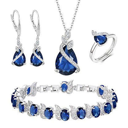 Jewelry Set for Bride, Sparkling Water Drop Cubic Zirconia Crystal Pendant Necklace Leverback Earrings Tennis Bracelet Adjustable Ring Gift for Wedding/Birthday/Mother's Day/Christmas - color: 01-Sapphire Color Silver-Tone