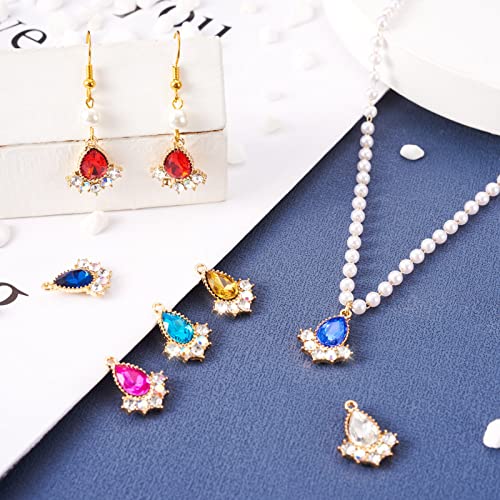 Cheriswelry 24Pcs Faceted Glass Teardrop Alloy Pendants Rhinestone Crystal Water Drop Dangle Charms 12 Colors 20x16x5mm for Necklace Bracelet Earring Jewelry Making - color: Mixed Color*17