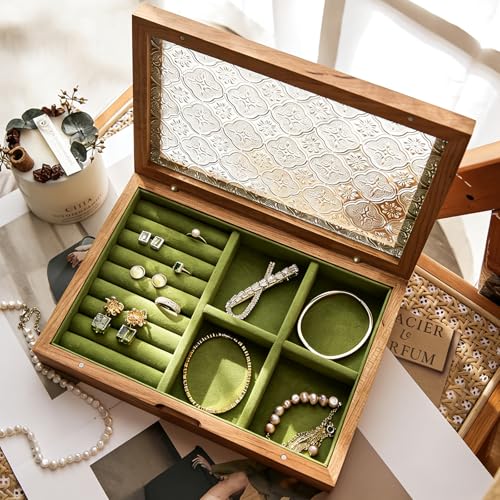 Wooden Jewelry Box with Glass Lid, Multi-Compartment Jewelry Display Case, Green Velvet Lining, Cherry Wood - color: Green Velvet Lining, Cherry Wood
