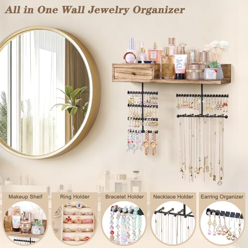 VINAEMO Jewelry Organizer Hanging Wall Mounted Jewelry Holder with Rustic Wood Drawer & Large Capacity Storage Shelf Rack Display for Earrings Rings Necklaces Bracelet - color: Carbonized Black