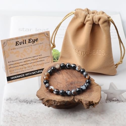 MASSIVE BEADS Handmade Yoga Stretch Elastic Bracelet Natural Stone Crystal Healing Power Energy Gifts for Unisex Adult 4mm 6mm 8mm 10mm - color: Evil Eye Agate(Against Evil), size: 8mm
