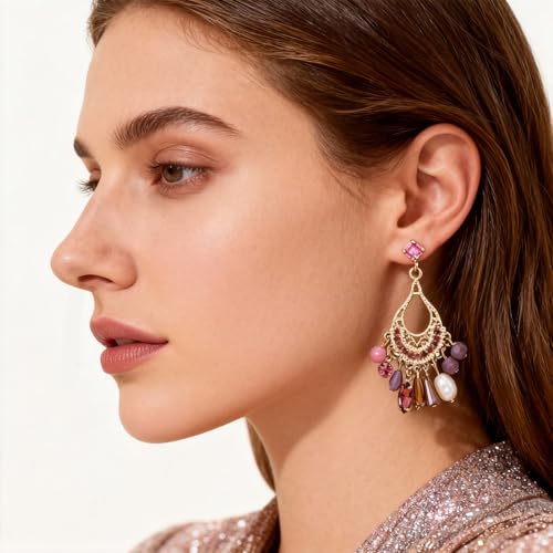 Fringe Dangling Tassel Earrings for Women, Handcrafted Chandelier Long Bohemian Beaded Cubic Zirconia Crystal Imitation Pearls Inlay Statement Boho Chain Hook Earrings for Wedding Party - color: Gold Teardrop Purple Crystal
