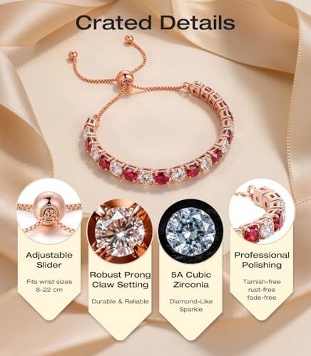 Lovans 14K Gold Plated Tennis Bracelets,White/Yellow/Rose Gold-plated Adjustable Cubic Zirconia Tennis Bracelet for Women - color: Rose Gold, size: 4MM Red