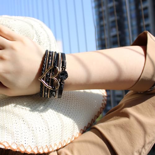 Womens Love Heart Leather Wrap Bracelet Multi-layer Stacked Bangle | Magnetic Clasp Soft PU Leather Resin Stone Rhinestone Boho Style Birthday Valentine Christmas Bohemian Jewelry Gift - color: Black