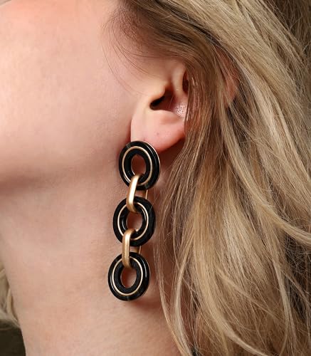 Ozel - Natural Wooden Acrylic Boho Drop Dangle Earrings for Women - Geometric Statement Jewellery - Brown, Black, Magent Red, Olive Green, White beige - color: 3Circle_Black