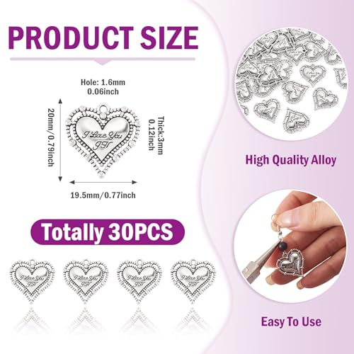 Elecrelive Crystal Heart Charms Rhinestone Heart Pendants Valentine Charms for Necklace Bracelet Earring Wedding Jewelry - color: Antique Silver, 30pcs