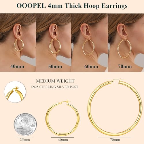 4mm Thick Gold Chunky Earrings Steling Silver Post Hoops Earrings For Women Hollow Tube Hoops Earrings Thick Gold Hoop Earrings Hypoallergenic Lightweight Gold Hoop Large Earrings 20/30/40/50/60MM - color: Gold,70mm