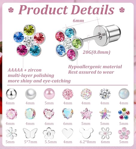 Staligue 8 & 21 Pairs Hypoallergenic Screw Back Earrings for Women – 20G Surgical Steel Flat Back Studs with Heart, CZ, Pearl, Star & Ball Designs | Tiny Cartilage Jewelry Options - color: Silver