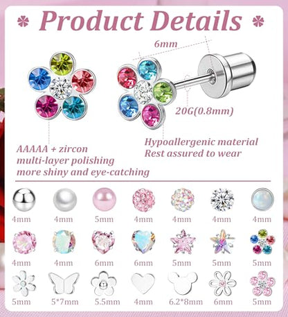 Staligue 8 & 21 Pairs Hypoallergenic Screw Back Earrings for Women – 20G Surgical Steel Flat Back Studs with Heart, CZ, Pearl, Star & Ball Designs | Tiny Cartilage Jewelry Options - color: Silver