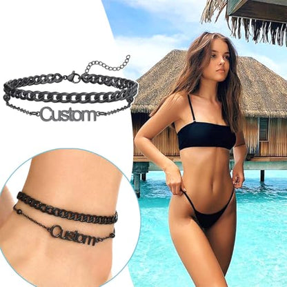 U7 Custom Layered Ankle Bracelets for Women Stainless Steel Bead/Cuban/Figaro/Rope/Wheat Chain Anklet Waterproof Anklet Jewelry for Beach Vacation - color: c-Black-Cuban Chain