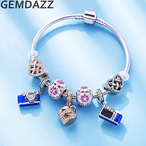 GEMDAZZ 925 Sterling Silver Valentines Day Charms Heart Charms, I Love You to The Moon and Back Pendant, Cupid Arrow and 4 Leaf Clover Beads fit European Bracelets, Gift for Lover/Wife/Girls - color: Magnolia Flower Bloom Charm