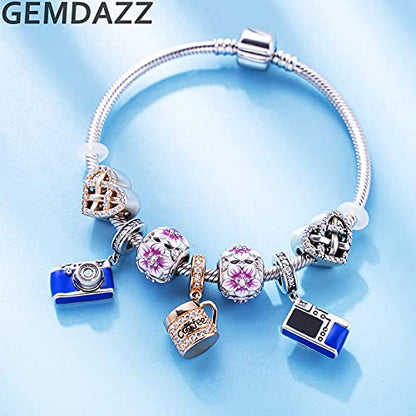 GEMDAZZ 925 Sterling Silver Valentines Day Charms Heart Charms, I Love You to The Moon and Back Pendant, Cupid Arrow and 4 Leaf Clover Beads fit European Bracelets, Gift for Lover/Wife/Girls - color: Magnolia Flower Bloom Charm