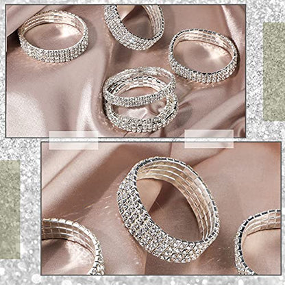 Yaomiao 7 Pieces Rhinestone Stretch Bracelet for Women Tennis Bangle Stackable Rhinestone Bracelet Wedding Jewelry Bridal (Silver)