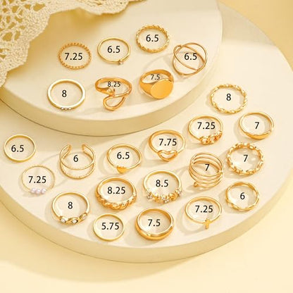 FAXHION 24-60 Pcs Gold Stackable Rings for Women, Knuckle Rings Chunky Gold Ring Set Dainty Stacking Cute Rings, Multiple Sizes Cute Jewelry Set Gift - style: Gold-24 Pcs