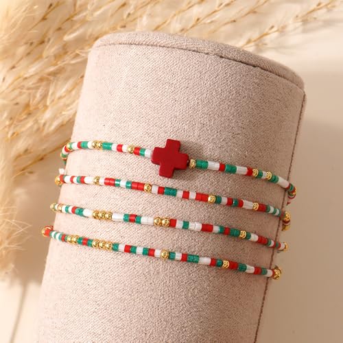 Christian Cross Christmas Stackable Seed Beaded Bracelets for Women, Boho Colorful Healing Stretch Accessories God Christ Pray Faith Amulet Jewelry, Daily Party Holiday Friendship Gift - color: Christmas