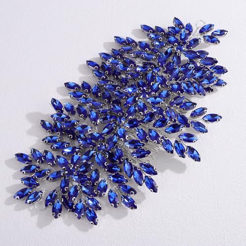 Bridal Rhinestone Hair Comb Large Rhienstone Wedding Headpiece Handmade Crystal Hair Comb for Bride Wedding Hair Accessories for Women (blue) - color: blue