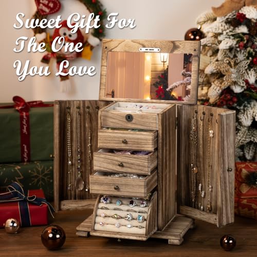 Jewelry Boxes for Women, 5 Layer Large Wooden Jewelry Organizer Box with Lock, Mirror & Drawers, Jewelry Boxes & Organizers for Necklaces Earrings Rings Bracelets (Rustic Brown)