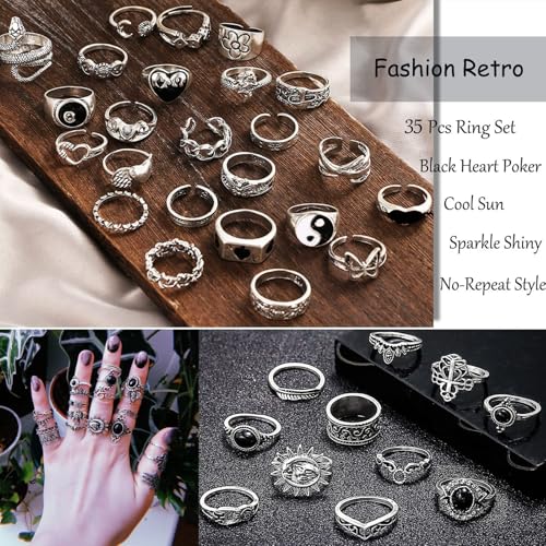 17IF 26-35 Pcs Vintage Silver Knuckle Ring Set for Women Men, Gothic Rings | Grunge Chunky Aesthetic Snake Stackable Adjustable Punk Bulky Finger Alt Fairy Skull Frog Heart Star Flower Midi Ring Pack - style: 35 Pcs