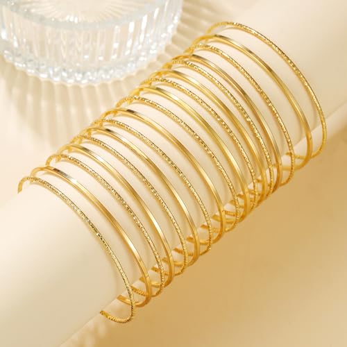 Gold Bangles for Women, 12 Pcs Boho Stackable Bracelets Multi Layer Textured Chunky Bracelets Jewelry Set for Women - color: Style B- 17 pcs gold