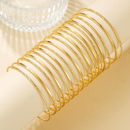 Gold Bangles for Women, 12 Pcs Boho Stackable Bracelets Multi Layer Textured Chunky Bracelets Jewelry Set for Women - color: Style B- 17 pcs gold