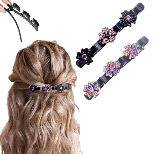 2 Pcs Sparkling Crystal Stone Braided Hair Clips, 2026 New Satin Fabric Hair Bands Rhinestone Four-Leaf Clover Hair Clip for Styling, Duck Bill Clips for Women Girls, Color Y - color: Color Y