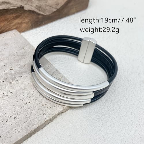 Bracelets for Women Leather Bracelet Multi-Layer Rope Wrap Bangle 14k Gold Plated Cirle Hollow Tube Boho Cuff Bangle Bracelets for Women Gift - style: Tube-Black Leather Bracelet(Silver)