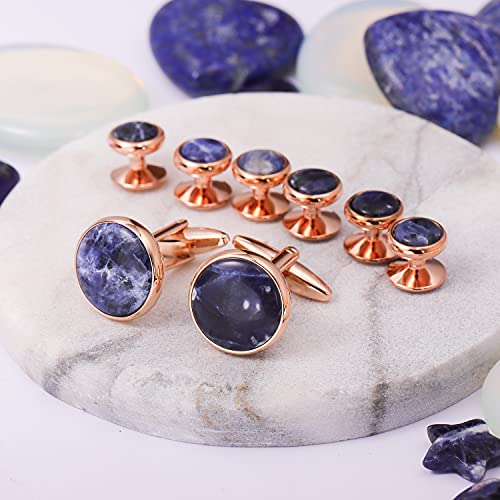 HAWSON Cufflinks and Tuxedo Studs Set for Men with Gift Box, Mother-of-Pearl Cuff links for French Cuff Shirt and Dress Shirt, Suitable for Wedding, Birthday, Party - style: Rose Gold & Sodalite Stone
