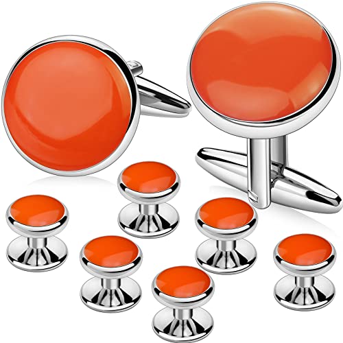 AMITER Men’s Cufflinks and Tuxedo Studs Set, Suitable for Black Suit White Shirts on Wedding, Anniversary, Birthday - color: Orange+silver color