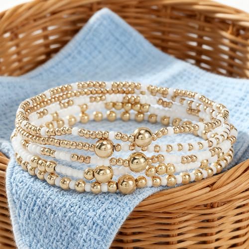 Gold Small Ball Seed Bead Stackable Bracelets Set For Women, Stretch Accessories Handmade Dainty, Daily Party Friendship Gift - color: White