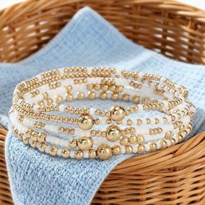 Gold Small Ball Seed Bead Stackable Bracelets Set For Women, Stretch Accessories Handmade Dainty, Daily Party Friendship Gift - color: White
