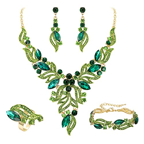 EVER FAITH Bridal Wedding Marquise Crystal Leaf Cluster Statement Y-Shaped Necklace Earrings Bracelet Ring Set for Prom - color: Green Black-Tone