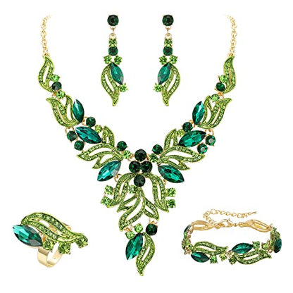 EVER FAITH Bridal Wedding Marquise Crystal Leaf Cluster Statement Y-Shaped Necklace Earrings Bracelet Ring Set for Prom - color: Green Black-Tone